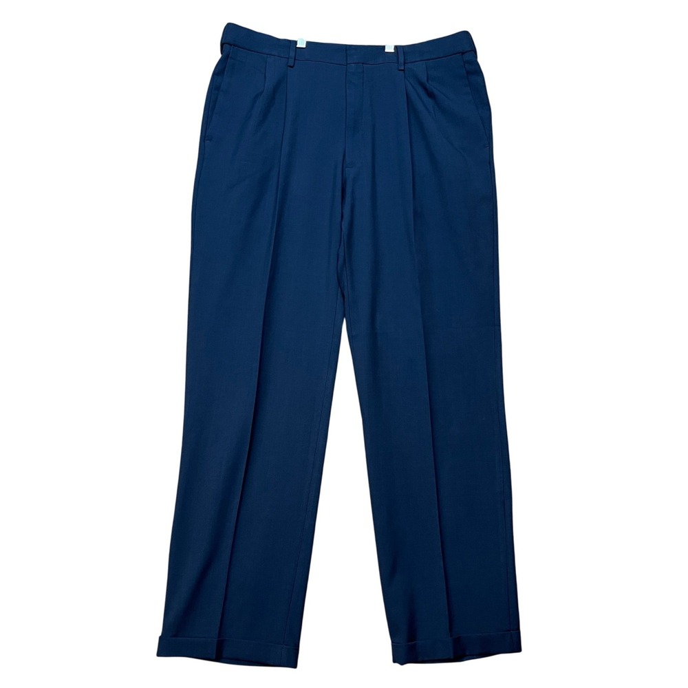 Haggar Premium Comfort Pants Mens 36x32 Navy Blue Double Pleated Classic Fit EUC
